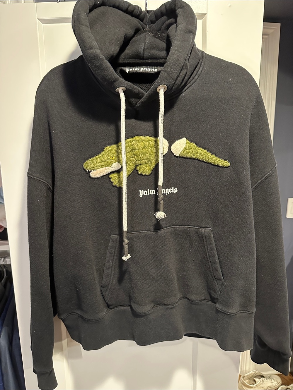 Palm Angels Black Hoodie with Green Crocodile Patch
